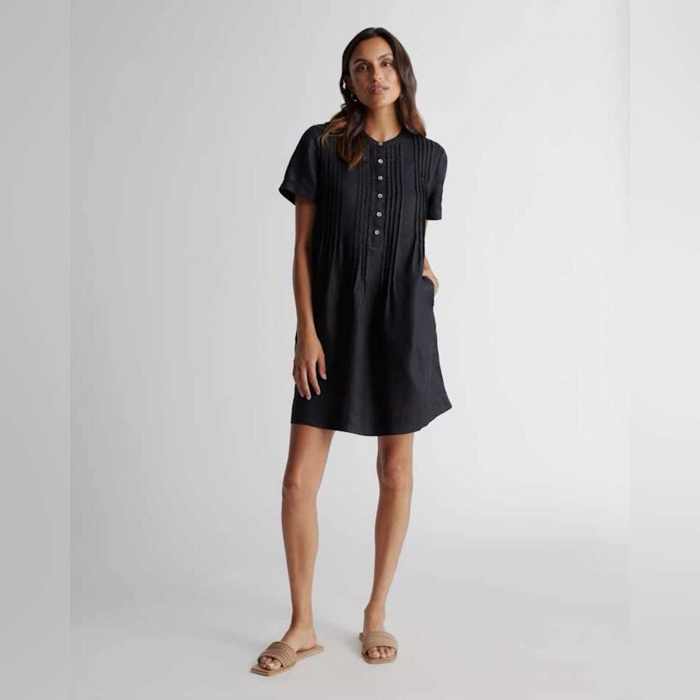 Quince 100% European Linen Black Swing Dress XL Pockets Minimalist Preppy NWT